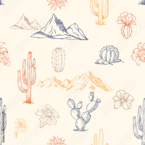 Desert seamless Pattern design. hand drawn mountain, cactus, flowers together make pattern background. retro color desert fabric fashion print design. t shirt design for summer session.