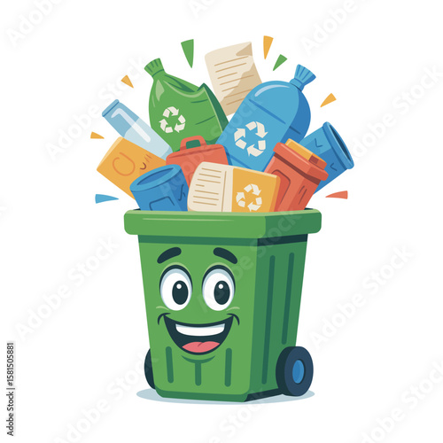 Happy green recycling bin filled with recyclable materials and smiling