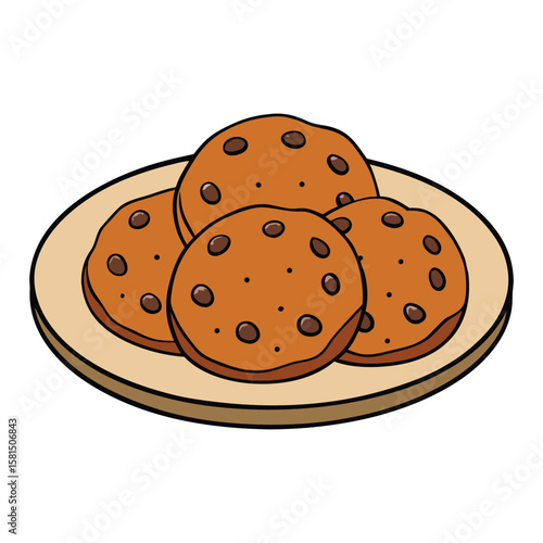 Freshly baked chocolate chip cookies rest on a plate, golden brown with melted chocolate chunks, tempting with their warm, sweet aroma and soft, chewy texture.
