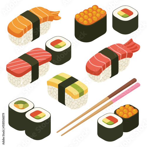 Assortment of delicious japanese sushi and sashimi dishes with chopsticks