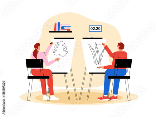 Art faculty students take painting classes during the day. School illustration. Flat vector illustration.