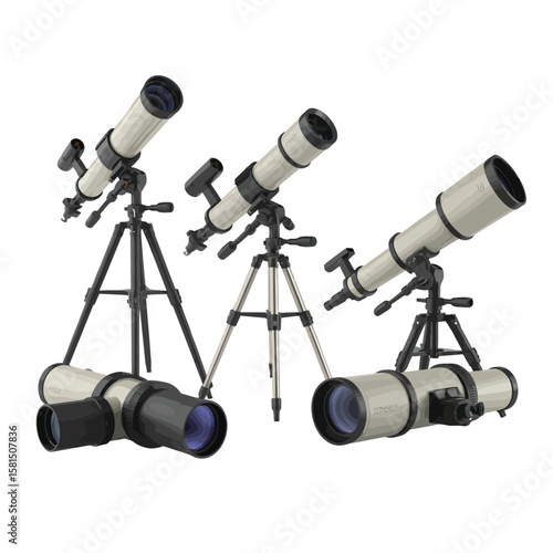 Collection of three modern astronomical telescopes with tripods on a white background