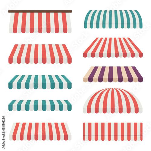 Collection of colorful striped awnings and canopies for shops and markets