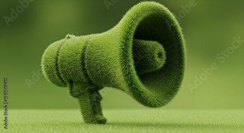 A vibrant green megaphone, uniquely textured with lush grass, stands on a verdant green background. This powerful visual symbolizes environmental communication