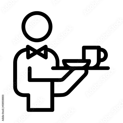 Waiter at restaurant holding tray with plate and cup icon with transparent background symbolizing food service hospitality and dining
