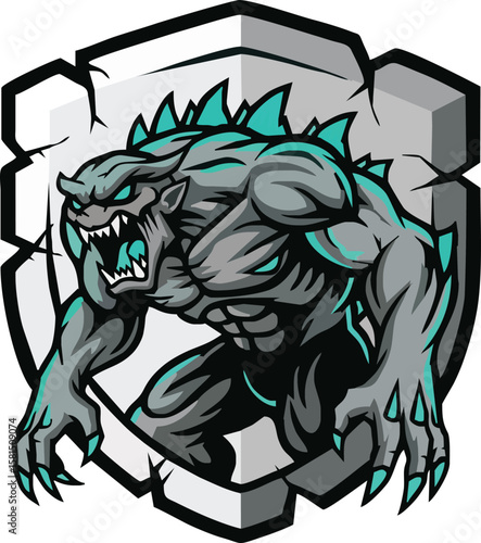 A monstrous creature breaks through a stone wall, showcasing its muscular build and menacing teeth.