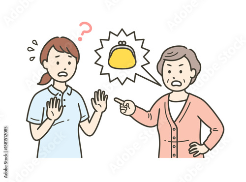 財布を盗まれたと妄想をして怒る高齢女性と戸惑う介護士女性の上半身イラスト
