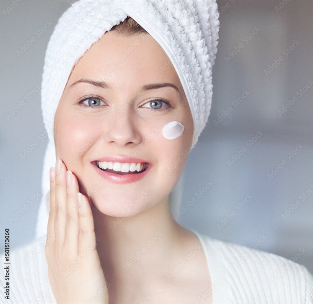 Beauty routine, morning skincare and wellness. A beautiful woman with blue eyes and a white towel wrapped, smiling while applying face cream Beauty routine, morning skincare and wellness. A beautiful woman with blue eyes and a white towel wrapped, smiling while applying face cream