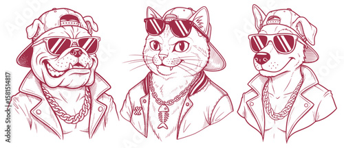 Rapper Animals: Bulldog, Cat, and Dog in Sunglasses and Caps, Cartoon Illustration
