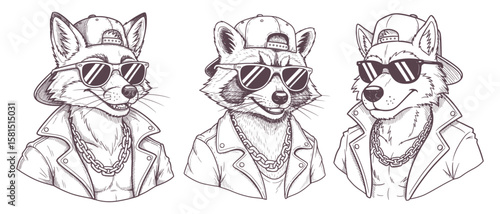 Cool Animal Gang: Fox, Raccoon, and Wolf in Leather Jackets and Sunglasses, Black and White Line Art