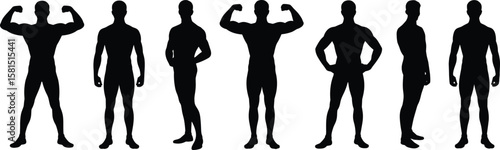 Bodybuilder male silhouette poses, muscular man figure illustration, strong fitness athlete standing flexing body, gym vector shape icons