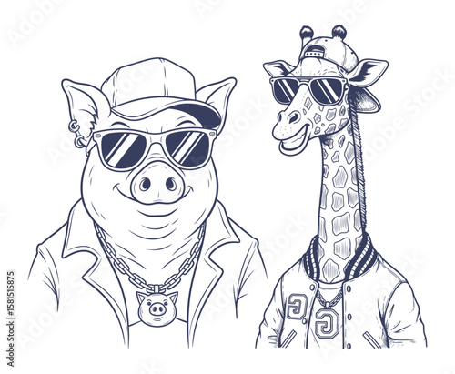 Hipster Animals: Line Art Illustration of a Pig and Giraffe in Fashionable Outfits