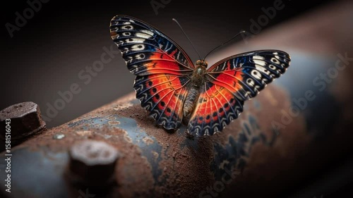 Detailed close-up of a vibrant butterfly resting on a textured, rusty metal pipe.