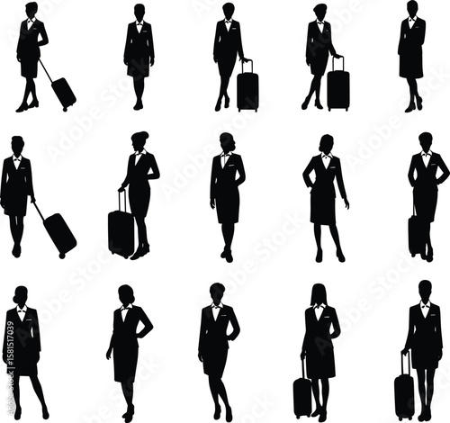 Flight attendant silhouette with luggage, air hostess vector set, female crew staff walking, airport travel concept, black flat 

Flight attendant silhouette with luggage, air hostess vector set, 