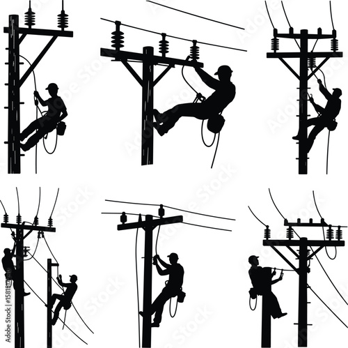 Electric lineman silhouette working on power pole, utility worker vector, electrical repair technician, high voltage maintenance safety, energy service job