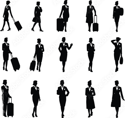 Flight attendant silhouettes, professional crew, travel luggage, aviation industry, stylish uniforms, airport scene, business travel, airline personnel, walking poses, vector illustration