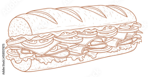 Hearty Sub Sandwich Line Art Illustration