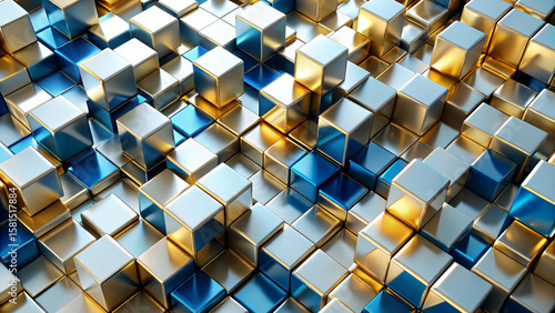 Geometric modern cube pattern forms a futuristic business background with sleek metallic textures, subtle grid lines, and a blend of blue and white hues.