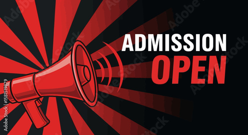Admission Open Announcement with Megaphone on Red Burst Background