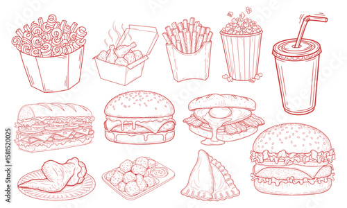 Hand-Drawn Red Line Art of Assorted Fast Food Items