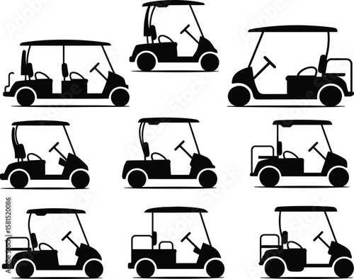 Set of black golf cart silhouette icons, electric transport vehicle collection, side view vector illustrations, isolated simple flat design.