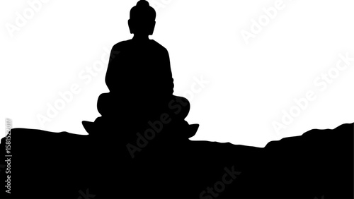 Silhouette of buddha meditating on a rock formation against a white background in a serene pose for peace