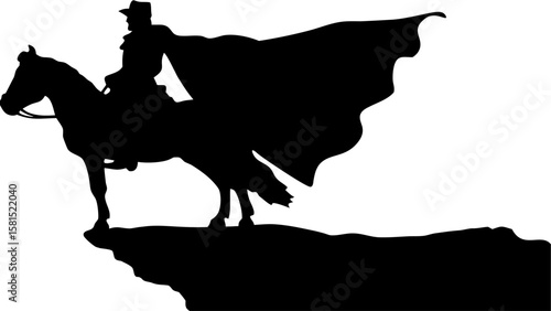 Silhouette of a horseman with a cape riding a horse on a cliff edge in black and white illustration