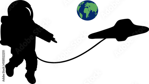 Silhouette of an astronaut tethered to a spaceship with the earth in the background in black and white