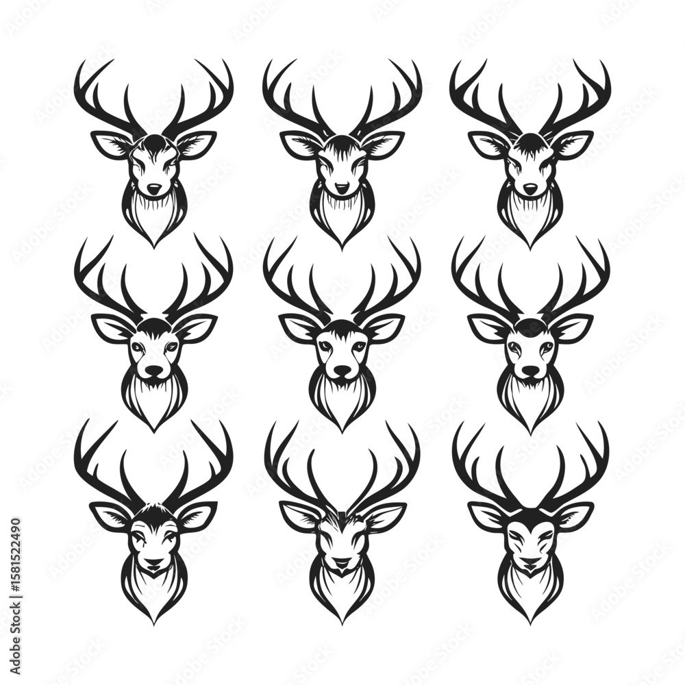 Naklejka premium Deer Face Silhouette Bundle — 9 Antlered Styles in 1 Vector Artboard