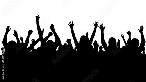 Silhouette illustration of a large crowd of people with their hands raised in the air against a white background