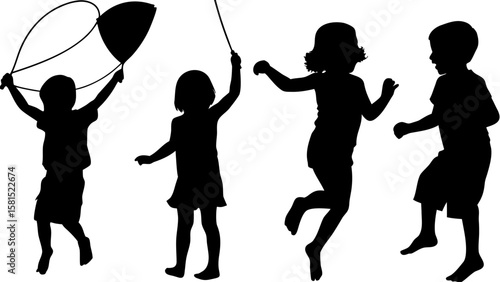 Silhouette of children playing with a net and jumping in a playful manner on a white background