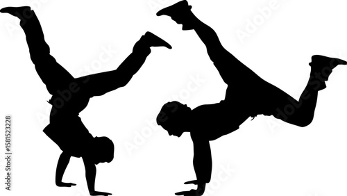 Silhouettes of two breakdancers performing handstands and other acrobatic moves in a dynamic composition