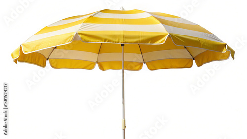 Open beach umbrella with yellow and white stripes providing shade on a sunny day
