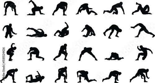 Silhouettes of athletic man falling, sports injury motion poses, stumble action sequence, dynamic body movement, workout fall concept set