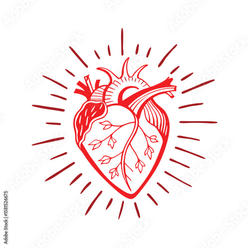 Anatomical heart illustration with a tree of life inside. Hand-drawn vector icon for "Use Heart for Action" campaigns, symbolizing health, cardiology, and charity.