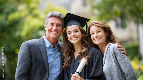 A family celebrating a child's graduation.	A proud family poses for a photo with their son or daughter who is wearing a graduation cap and gown.
