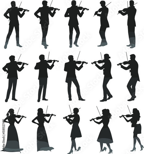 Violinist silhouettes, musical performance, dynamic poses, elegant musicians, artistic style, black background, creative image, stage presence, music concept, perfect for ads