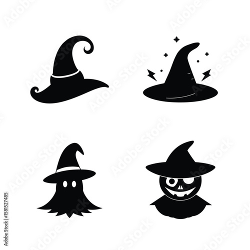 Silhouette set of various halloween witch hats Halloween silhouette Vector illustration
