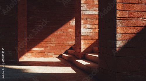 Shadows and Light Play on Textured Red Brick Wall and Steps