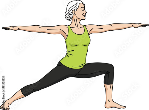 Senior woman gracefully practices warrior pose in a yoga session