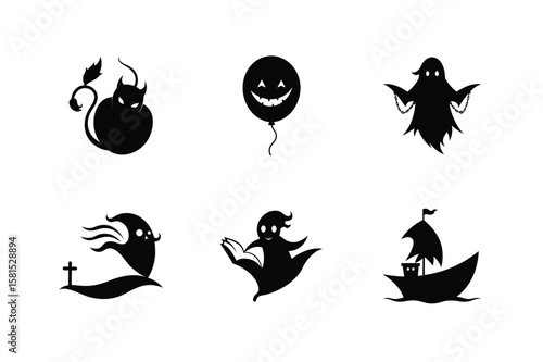 Silhouette set of devil tail floating pumpkin flying ghost and ghost ship Halloween silhouette Vector illustration