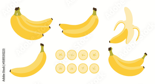 Banana Set: Whole, Peeled, and Sliced, Vector Illustration