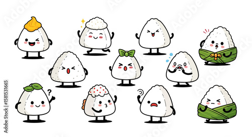 Set of kawaii rice ball characters with various expressions and accessories