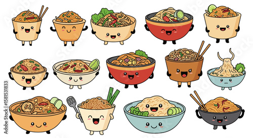 Kawaii bowl characters with asian noodle dishes for food branding