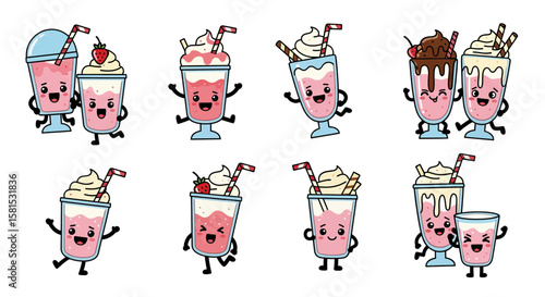 Collection of cute animated milkshake characters with fruits and whipped cream