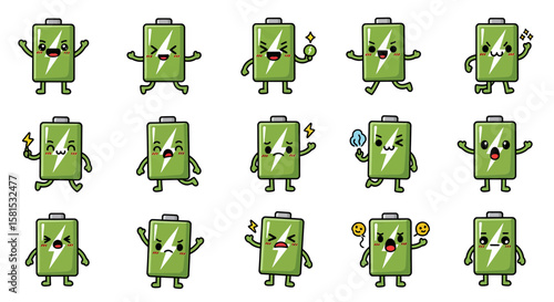 Cute animated battery characters in various expressions for digital content
