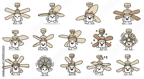 Cute cartoon characters with ceiling fans in different poses