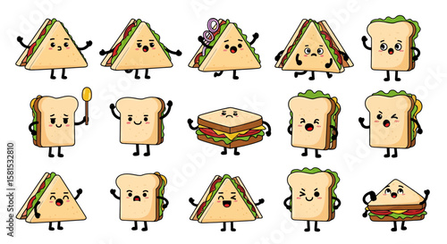 Cute sandwich characters with various expressions and poses for food animations