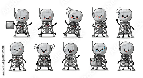 Set of cute cartoon weather station mascots with different expressions
