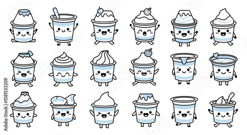 Set of cute yogurt cups with various toppings and expressions